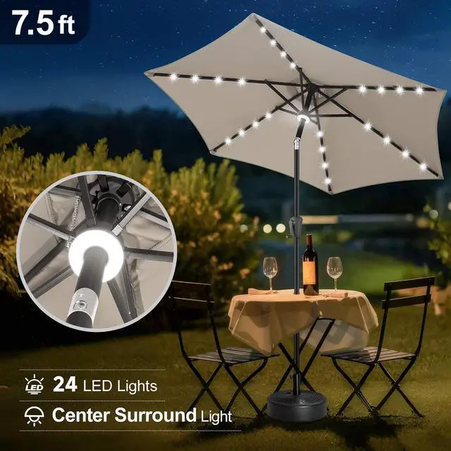 Alt view image 4 of 7 - FLAME&SHADE Solar Patio Umbrella with Centre Light, 7.5 FT Taupe | UV Protection, Small Solar Outdoor Umbrella for Porch, Deck, Backyard, Garden, Provides Evening Lighting, 24 LED Lights