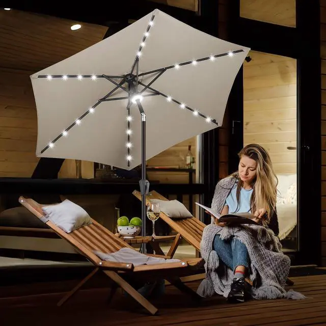 Alt view image 6 of 7 - FLAME&SHADE Solar Patio Umbrella with Centre Light, 7.5 FT Taupe | UV Protection, Small Solar Outdoor Umbrella for Porch, Deck, Backyard, Garden, Provides Evening Lighting, 24 LED Lights
