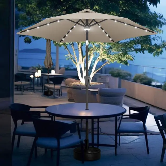 Alt view image 7 of 7 - FLAME&SHADE Solar Patio Umbrella with Centre Light, 7.5 FT Taupe | UV Protection, Small Solar Outdoor Umbrella for Porch, Deck, Backyard, Garden, Provides Evening Lighting, 24 LED Lights