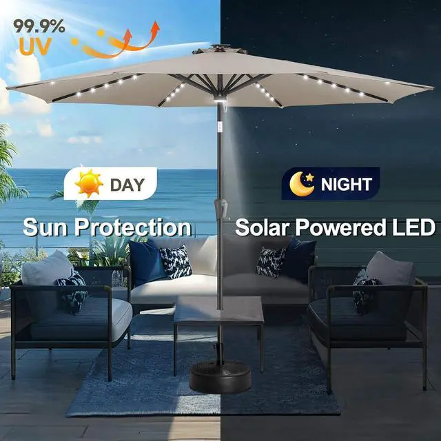Alt view image 2 of 7 - FLAME&SHADE Solar Patio Umbrella with Centre Light, 10 FT Taupe | UV Protection, Small Solar Outdoor Umbrella for Porch, Deck, Backyard, Garden, Provides Evening Lighting, 40 LED Lights