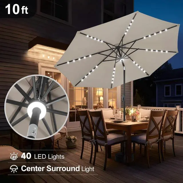 Alt view image 4 of 7 - FLAME&SHADE Solar Patio Umbrella with Centre Light, 10 FT Taupe | UV Protection, Small Solar Outdoor Umbrella for Porch, Deck, Backyard, Garden, Provides Evening Lighting, 40 LED Lights