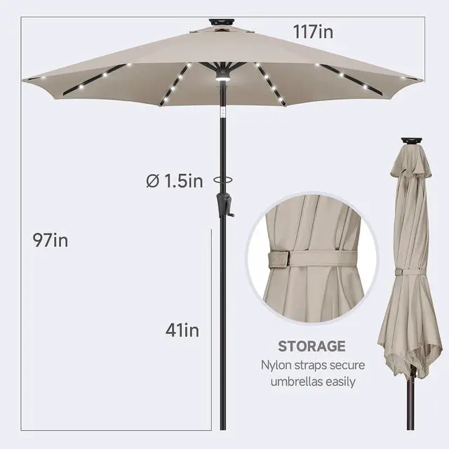 Alt view image 5 of 7 - FLAME&SHADE Solar Patio Umbrella with Centre Light, 10 FT Taupe | UV Protection, Small Solar Outdoor Umbrella for Porch, Deck, Backyard, Garden, Provides Evening Lighting, 40 LED Lights