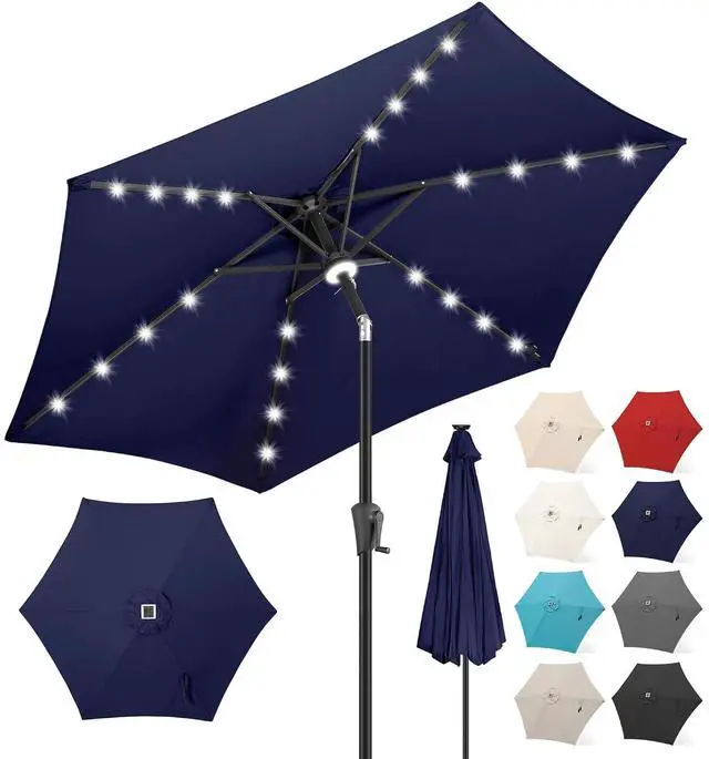 Main image of FLAME&SHADE Solar Patio Umbrella with Centre Light, 7.5 FT Navy Blue | UV Protection, Small Solar Outdoor Umbrella for Porch, Deck, Backyard, Garden, Provides Evening Lighting, 24 LED Lights