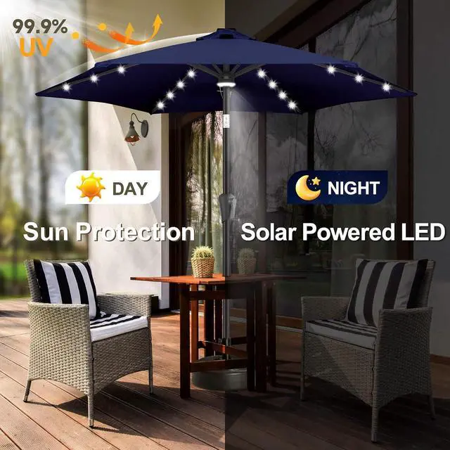 Alt view image 2 of 7 - FLAME&SHADE Solar Patio Umbrella with Centre Light, 7.5 FT Navy Blue | UV Protection, Small Solar Outdoor Umbrella for Porch, Deck, Backyard, Garden, Provides Evening Lighting, 24 LED Lights