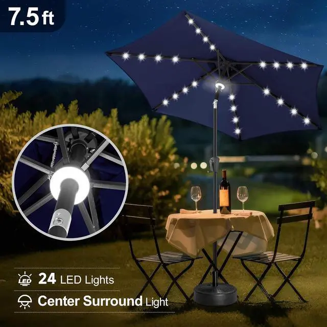 Alt view image 4 of 7 - FLAME&SHADE Solar Patio Umbrella with Centre Light, 7.5 FT Navy Blue | UV Protection, Small Solar Outdoor Umbrella for Porch, Deck, Backyard, Garden, Provides Evening Lighting, 24 LED Lights