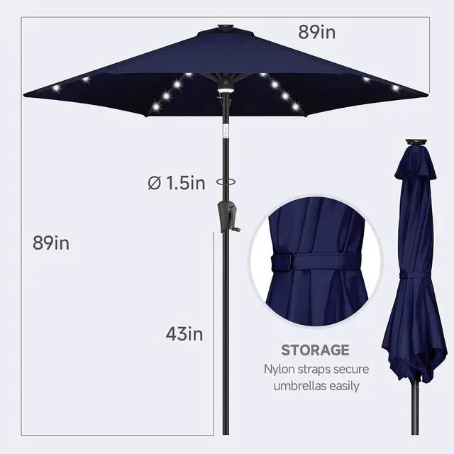 Alt view image 5 of 7 - FLAME&SHADE Solar Patio Umbrella with Centre Light, 7.5 FT Navy Blue | UV Protection, Small Solar Outdoor Umbrella for Porch, Deck, Backyard, Garden, Provides Evening Lighting, 24 LED Lights