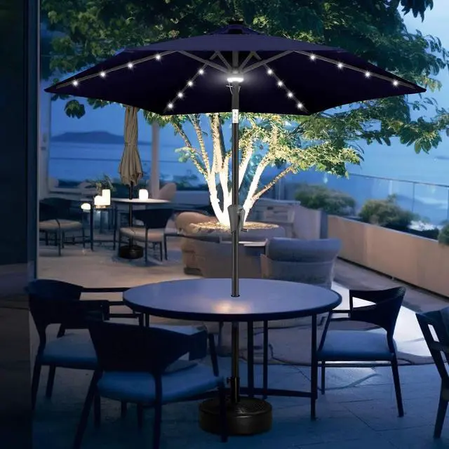 Alt view image 7 of 7 - FLAME&SHADE Solar Patio Umbrella with Centre Light, 7.5 FT Navy Blue | UV Protection, Small Solar Outdoor Umbrella for Porch, Deck, Backyard, Garden, Provides Evening Lighting, 24 LED Lights