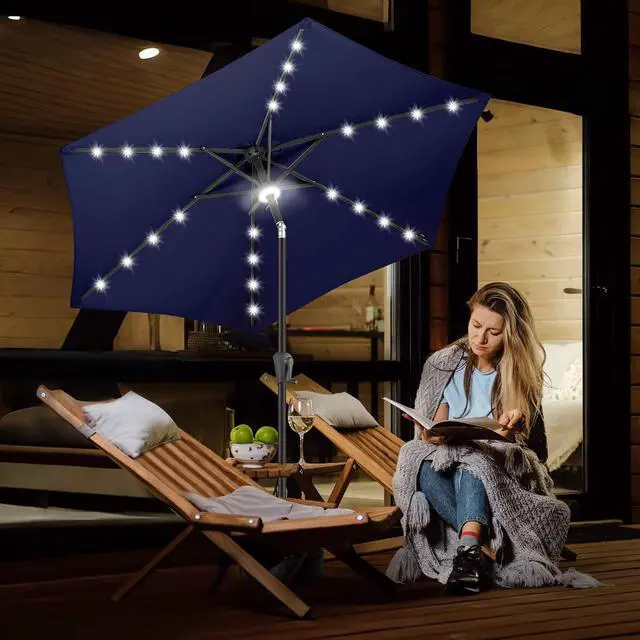 Alt view image 6 of 7 - FLAME&SHADE Solar Patio Umbrella with Centre Light, 7.5 FT Navy Blue | UV Protection, Small Solar Outdoor Umbrella for Porch, Deck, Backyard, Garden, Provides Evening Lighting, 24 LED Lights