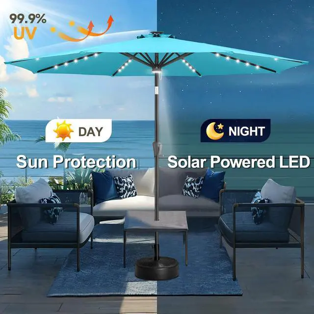 Alt view image 2 of 7 - FLAME&SHADE Solar Patio Umbrella with a Centre Light, 11 FT Aqua Blue | 40 LED Lights, UV Protection, Waterproof, Porch Deck Outdoor Umbrella for Pool, Backyard, Garden, Provides Evening Lighting