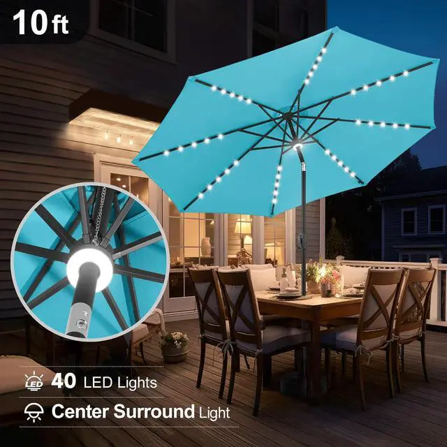 Alt view image 4 of 7 - FLAME&SHADE Solar Patio Umbrella with Centre Light, 10 FT Aqua Blue | UV Protection, Small Solar Outdoor Umbrella for Porch, Deck, Backyard, Garden, Provides Evening Lighting, 40 LED Lights