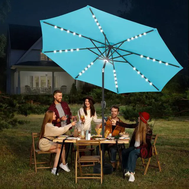 Alt view image 6 of 7 - FLAME&SHADE Solar Patio Umbrella with a Centre Light, 11 FT Aqua Blue | 40 LED Lights, UV Protection, Waterproof, Porch Deck Outdoor Umbrella for Pool, Backyard, Garden, Provides Evening Lighting