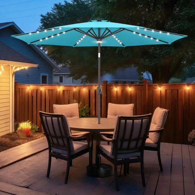 Alt view image 7 of 7 - FLAME&SHADE Solar Patio Umbrella with a Centre Light, 11 FT Aqua Blue | 40 LED Lights, UV Protection, Waterproof, Porch Deck Outdoor Umbrella for Pool, Backyard, Garden, Provides Evening Lighting