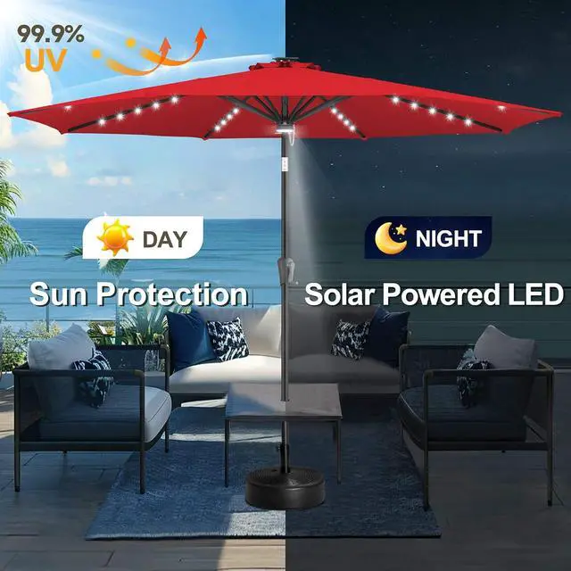 Alt view image 2 of 7 - FLAME&SHADE Solar Patio Umbrella with Centre Light, 10 FT Red | UV Protection, Small Solar Outdoor Umbrella for Porch, Deck, Backyard, Garden, Provides Evening Lighting, 40 LED Lights