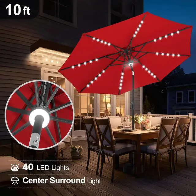 Alt view image 4 of 7 - FLAME&SHADE Solar Patio Umbrella with Centre Light, 10 FT Red | UV Protection, Small Solar Outdoor Umbrella for Porch, Deck, Backyard, Garden, Provides Evening Lighting, 40 LED Lights