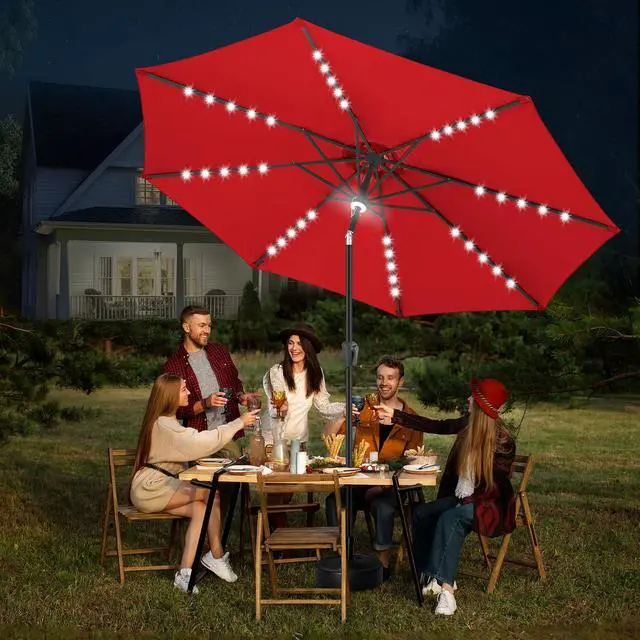 Alt view image 6 of 7 - FLAME&SHADE Solar Patio Umbrella with Centre Light, 10 FT Red | UV Protection, Small Solar Outdoor Umbrella for Porch, Deck, Backyard, Garden, Provides Evening Lighting, 40 LED Lights