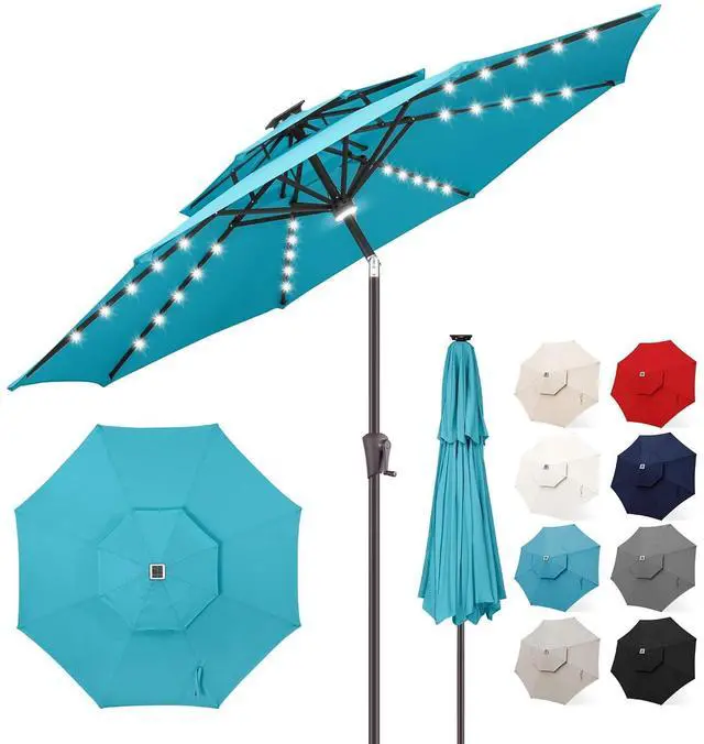 Main image of FLAME&SHADE Solar Patio Umbrella with Centre Light, 9FT 2 Tiers, Aqua Blue | 40 LED Lights, UV Protection, Solar Outdoor Umbrella for Porch, Deck, Backyard, Garden, Provides Evening Lighting