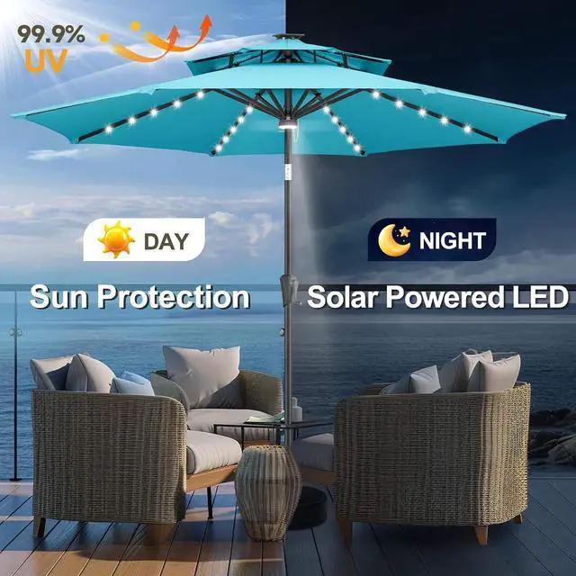 Alt view image 2 of 7 - FLAME&SHADE Solar Patio Umbrella with Centre Light, 9FT 2 Tiers, Aqua Blue | 40 LED Lights, UV Protection, Solar Outdoor Umbrella for Porch, Deck, Backyard, Garden, Provides Evening Lighting