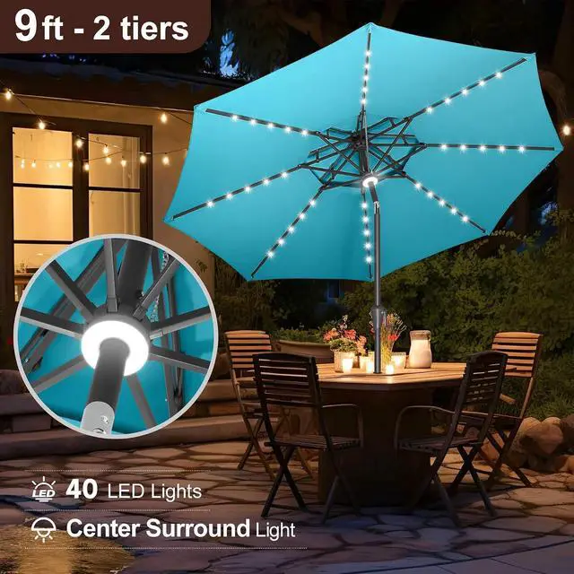 Alt view image 4 of 7 - FLAME&SHADE Solar Patio Umbrella with Centre Light, 9FT 2 Tiers, Aqua Blue | 40 LED Lights, UV Protection, Solar Outdoor Umbrella for Porch, Deck, Backyard, Garden, Provides Evening Lighting