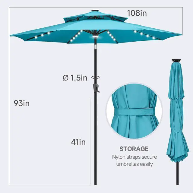 Alt view image 5 of 7 - FLAME&SHADE Solar Patio Umbrella with Centre Light, 9FT 2 Tiers, Aqua Blue | 40 LED Lights, UV Protection, Solar Outdoor Umbrella for Porch, Deck, Backyard, Garden, Provides Evening Lighting
