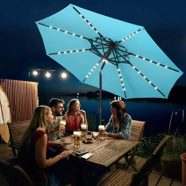 Alt view image 6 of 7 - FLAME&SHADE Solar Patio Umbrella with Centre Light, 9FT 2 Tiers, Aqua Blue | 40 LED Lights, UV Protection, Solar Outdoor Umbrella for Porch, Deck, Backyard, Garden, Provides Evening Lighting