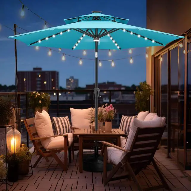 Alt view image 7 of 7 - FLAME&SHADE Solar Patio Umbrella with Centre Light, 9FT 2 Tiers, Aqua Blue | 40 LED Lights, UV Protection, Solar Outdoor Umbrella for Porch, Deck, Backyard, Garden, Provides Evening Lighting