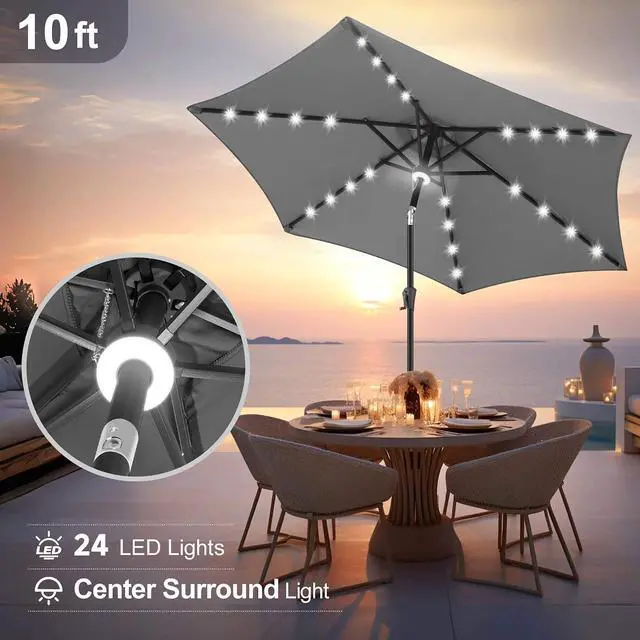 Alt view image 4 of 7 - FLAME&SHADE Solar Patio Umbrella with Centre Light, 10 FT Anthracite | 24 LED Lights, UV Protection, Solar Outdoor Umbrella for Porch, Deck, Backyard, Garden, Provides Evening Lighting