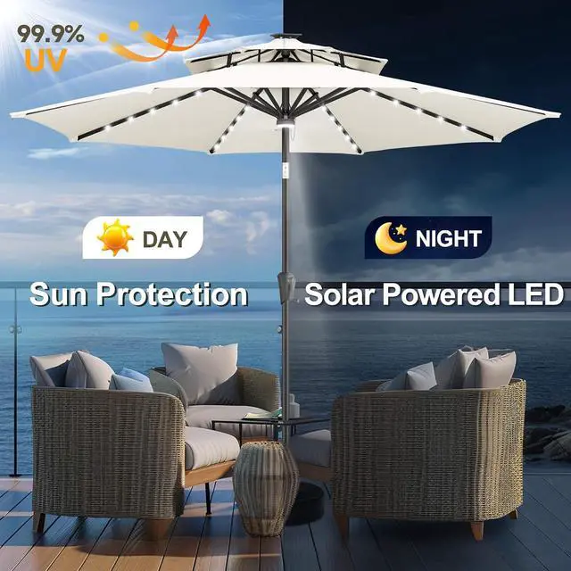 Alt view image 2 of 7 - FLAME&SHADE Solar Patio Umbrella with Centre Light, 9FT 2 Tiers, Ivory | 40 LED Lights, UV Protection, Solar Outdoor Umbrella for Porch, Deck, Backyard, Garden, Provides Evening Lighting