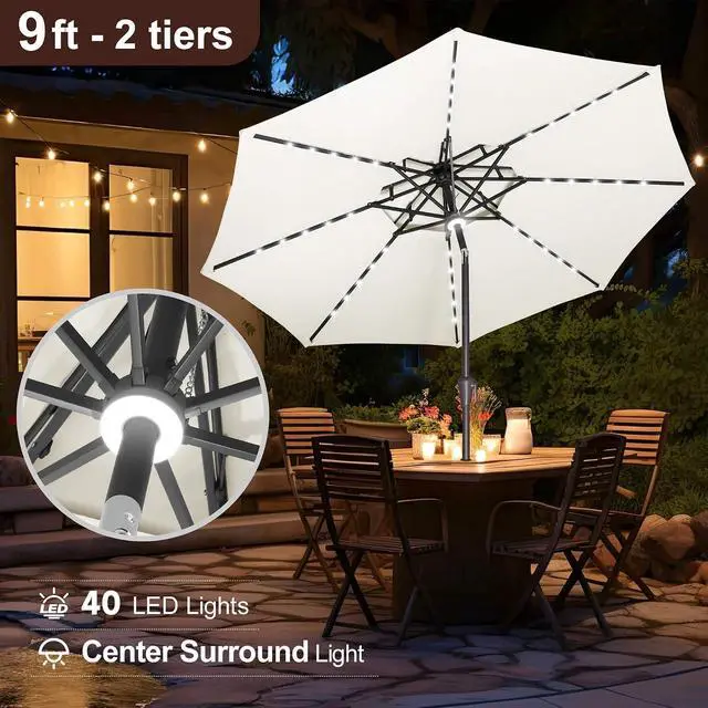 Alt view image 4 of 7 - FLAME&SHADE Solar Patio Umbrella with Centre Light, 9FT 2 Tiers, Ivory | 40 LED Lights, UV Protection, Solar Outdoor Umbrella for Porch, Deck, Backyard, Garden, Provides Evening Lighting