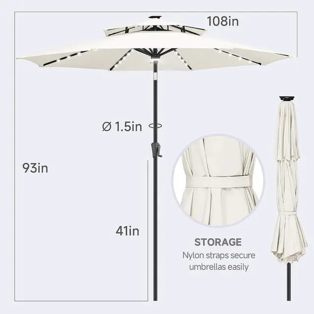 Alt view image 5 of 7 - FLAME&SHADE Solar Patio Umbrella with Centre Light, 9FT 2 Tiers, Ivory | 40 LED Lights, UV Protection, Solar Outdoor Umbrella for Porch, Deck, Backyard, Garden, Provides Evening Lighting