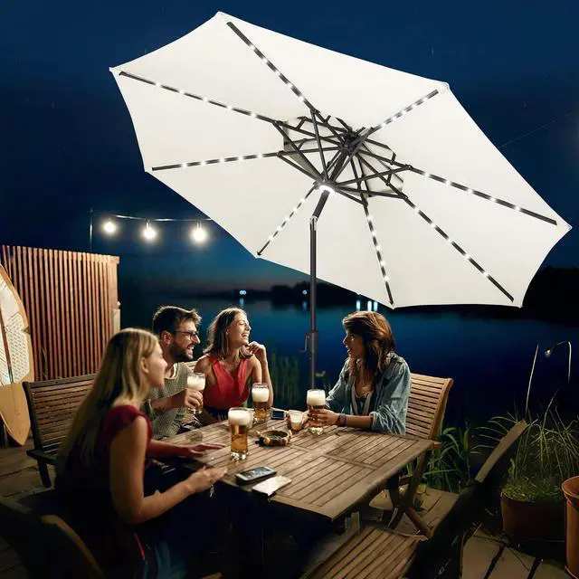 Alt view image 6 of 7 - FLAME&SHADE Solar Patio Umbrella with Centre Light, 9FT 2 Tiers, Ivory | 40 LED Lights, UV Protection, Solar Outdoor Umbrella for Porch, Deck, Backyard, Garden, Provides Evening Lighting