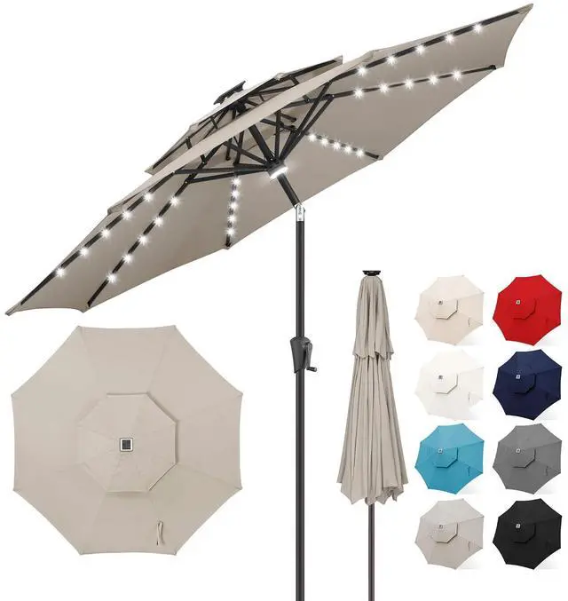 Main image of FLAME&SHADE Solar Patio Umbrella with Centre Light, 9FT 2 Tiers, Taupe | 40 LED Lights, UV Protection, Solar Outdoor Umbrella for Porch, Deck, Backyard, Garden, Provides Evening Lighting