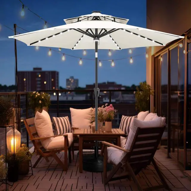 Alt view image 7 of 7 - FLAME&SHADE Solar Patio Umbrella with Centre Light, 9FT 2 Tiers, Ivory | 40 LED Lights, UV Protection, Solar Outdoor Umbrella for Porch, Deck, Backyard, Garden, Provides Evening Lighting