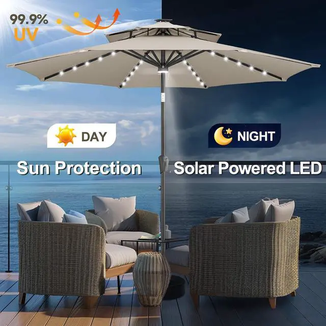 Alt view image 2 of 7 - FLAME&SHADE Solar Patio Umbrella with Centre Light, 9FT 2 Tiers, Taupe | 40 LED Lights, UV Protection, Solar Outdoor Umbrella for Porch, Deck, Backyard, Garden, Provides Evening Lighting