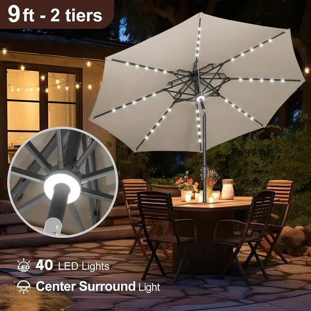 Alt view image 4 of 7 - FLAME&SHADE Solar Patio Umbrella with Centre Light, 9FT 2 Tiers, Taupe | 40 LED Lights, UV Protection, Solar Outdoor Umbrella for Porch, Deck, Backyard, Garden, Provides Evening Lighting