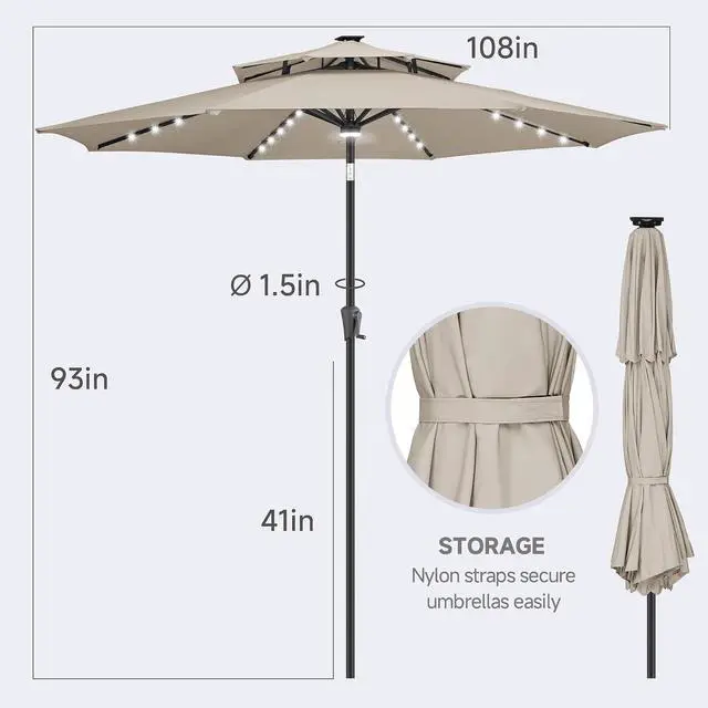 Alt view image 5 of 7 - FLAME&SHADE Solar Patio Umbrella with Centre Light, 9FT 2 Tiers, Taupe | 40 LED Lights, UV Protection, Solar Outdoor Umbrella for Porch, Deck, Backyard, Garden, Provides Evening Lighting