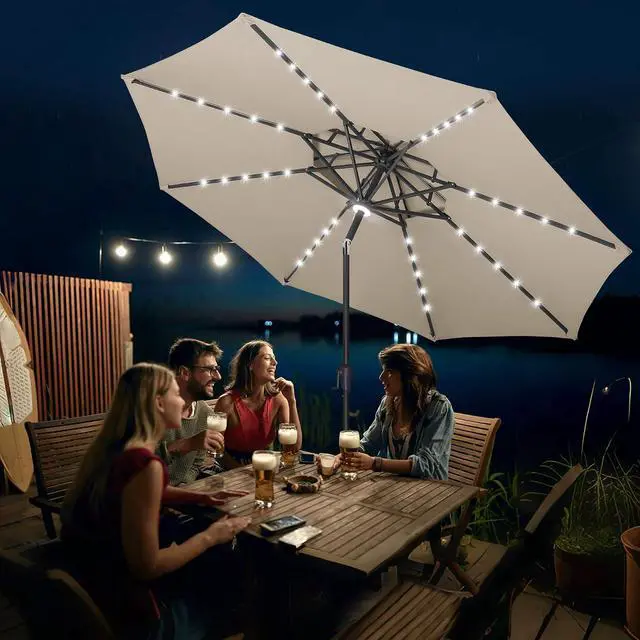 Alt view image 6 of 7 - FLAME&SHADE Solar Patio Umbrella with Centre Light, 9FT 2 Tiers, Taupe | 40 LED Lights, UV Protection, Solar Outdoor Umbrella for Porch, Deck, Backyard, Garden, Provides Evening Lighting