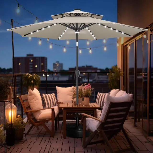 Alt view image 7 of 7 - FLAME&SHADE Solar Patio Umbrella with Centre Light, 9FT 2 Tiers, Taupe | 40 LED Lights, UV Protection, Solar Outdoor Umbrella for Porch, Deck, Backyard, Garden, Provides Evening Lighting