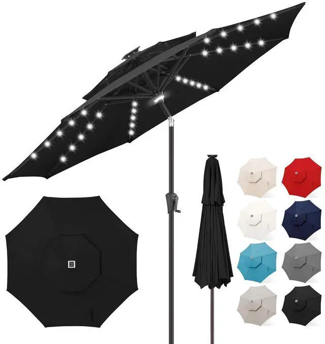Main image of FLAME&SHADE Solar Patio Umbrella with Centre Light, 9FT 2 Tiers, Black | 40 LED Lights, UV Protection, Solar Outdoor Umbrella for Porch, Deck, Backyard, Garden, Provides Evening Lighting