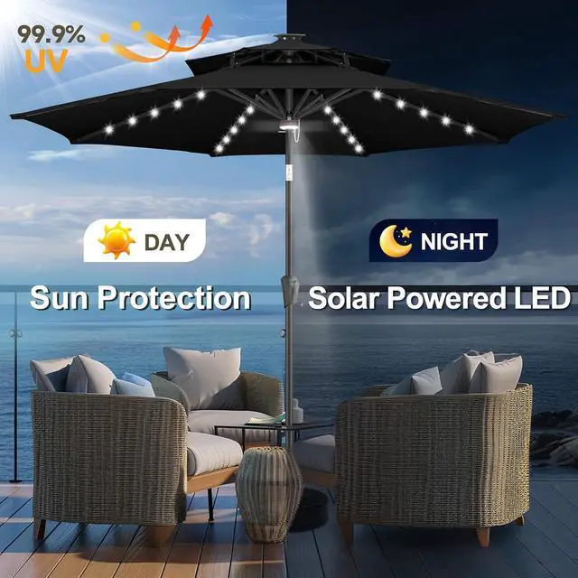 Alt view image 2 of 7 - FLAME&SHADE Solar Patio Umbrella with Centre Light, 9FT 2 Tiers, Black | 40 LED Lights, UV Protection, Solar Outdoor Umbrella for Porch, Deck, Backyard, Garden, Provides Evening Lighting