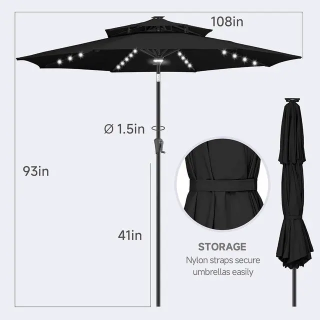 Alt view image 5 of 7 - FLAME&SHADE Solar Patio Umbrella with Centre Light, 9FT 2 Tiers, Black | 40 LED Lights, UV Protection, Solar Outdoor Umbrella for Porch, Deck, Backyard, Garden, Provides Evening Lighting