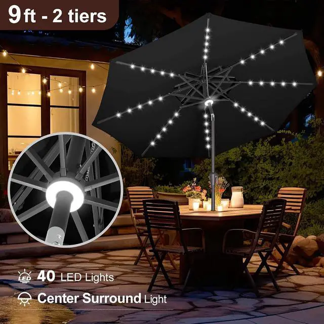 Alt view image 4 of 7 - FLAME&SHADE Solar Patio Umbrella with Centre Light, 9FT 2 Tiers, Black | 40 LED Lights, UV Protection, Solar Outdoor Umbrella for Porch, Deck, Backyard, Garden, Provides Evening Lighting