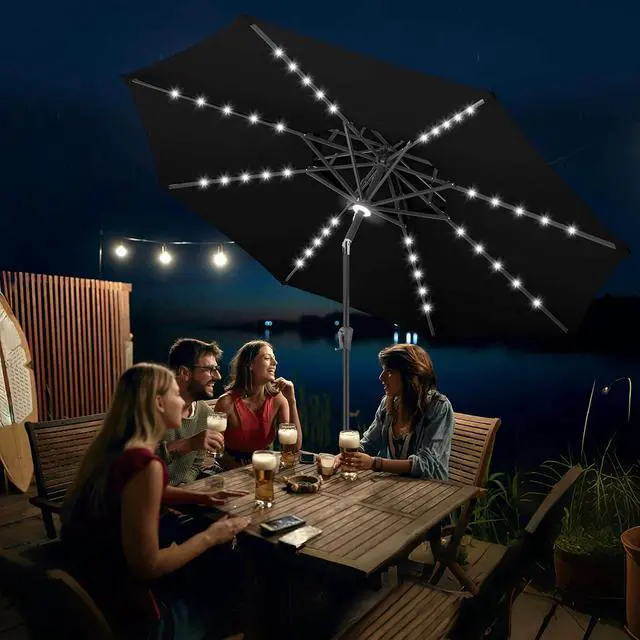 Alt view image 6 of 7 - FLAME&SHADE Solar Patio Umbrella with Centre Light, 9FT 2 Tiers, Black | 40 LED Lights, UV Protection, Solar Outdoor Umbrella for Porch, Deck, Backyard, Garden, Provides Evening Lighting