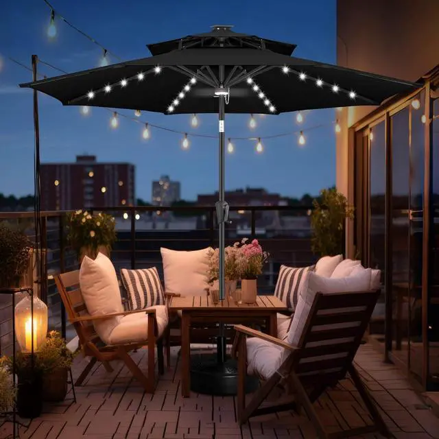 Alt view image 7 of 7 - FLAME&SHADE Solar Patio Umbrella with Centre Light, 9FT 2 Tiers, Black | 40 LED Lights, UV Protection, Solar Outdoor Umbrella for Porch, Deck, Backyard, Garden, Provides Evening Lighting