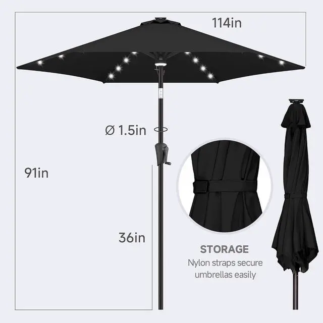Alt view image 5 of 7 - FLAME&SHADE Solar Patio Umbrella with Centre Light, 10 FT Black | 24 LED Lights, UV Protection, Solar Outdoor Umbrella for Porch, Deck, Backyard, Garden, Provides Evening Lighting
