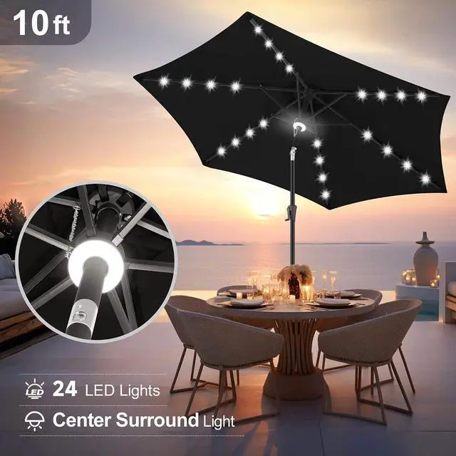 Alt view image 4 of 7 - FLAME&SHADE Solar Patio Umbrella with Centre Light, 10 FT Black | 24 LED Lights, UV Protection, Solar Outdoor Umbrella for Porch, Deck, Backyard, Garden, Provides Evening Lighting