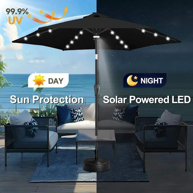Alt view image 2 of 7 - FLAME&SHADE Solar Patio Umbrella with Centre Light, 10 FT Black | 24 LED Lights, UV Protection, Solar Outdoor Umbrella for Porch, Deck, Backyard, Garden, Provides Evening Lighting