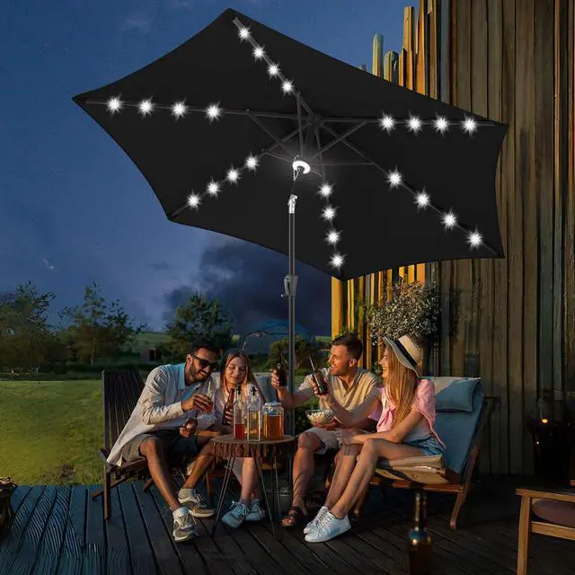 Alt view image 6 of 7 - FLAME&SHADE Solar Patio Umbrella with Centre Light, 10 FT Black | 24 LED Lights, UV Protection, Solar Outdoor Umbrella for Porch, Deck, Backyard, Garden, Provides Evening Lighting