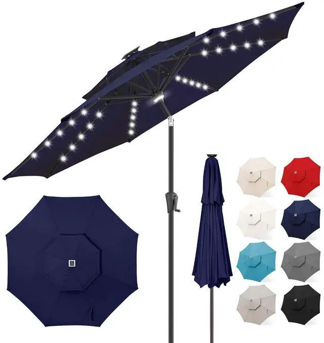 Main image of FLAME&SHADE Solar Patio Umbrella with Centre Light, 9FT 2 Tiers, Navy Blue | 40 LED Lights, UV Protection, Solar Outdoor Umbrella for Porch, Deck, Backyard, Garden, Provides Evening Lighting