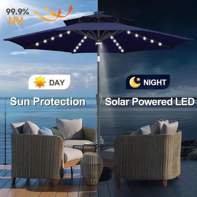 Alt view image 2 of 7 - FLAME&SHADE Solar Patio Umbrella with Centre Light, 9FT 2 Tiers, Navy Blue | 40 LED Lights, UV Protection, Solar Outdoor Umbrella for Porch, Deck, Backyard, Garden, Provides Evening Lighting