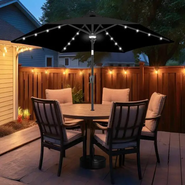 Alt view image 7 of 7 - FLAME&SHADE Solar Patio Umbrella with Centre Light, 10 FT Black | 24 LED Lights, UV Protection, Solar Outdoor Umbrella for Porch, Deck, Backyard, Garden, Provides Evening Lighting